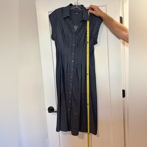 TH chambray denim dress is MIDI-Length (47” from shoulder to hem) and fitted!